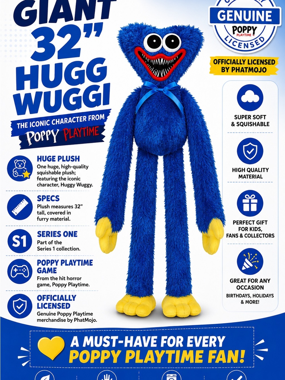 Poppy Playtime Giant 32" Hugg Wuggi Plush - Blue & Yellow